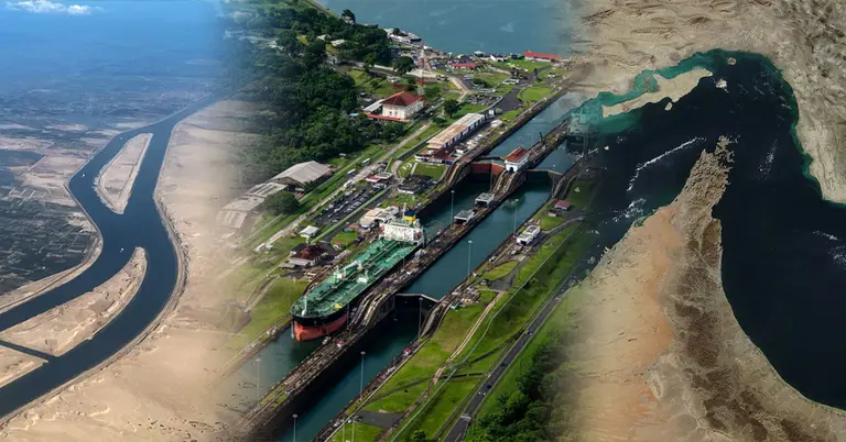 সুয়েজ খাল, পানামা খাল ও হরমুজ প্রণালি (বাম থেকে ডানে)